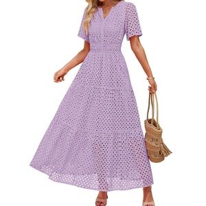 Lavender A Line Long Dress with V-Neck